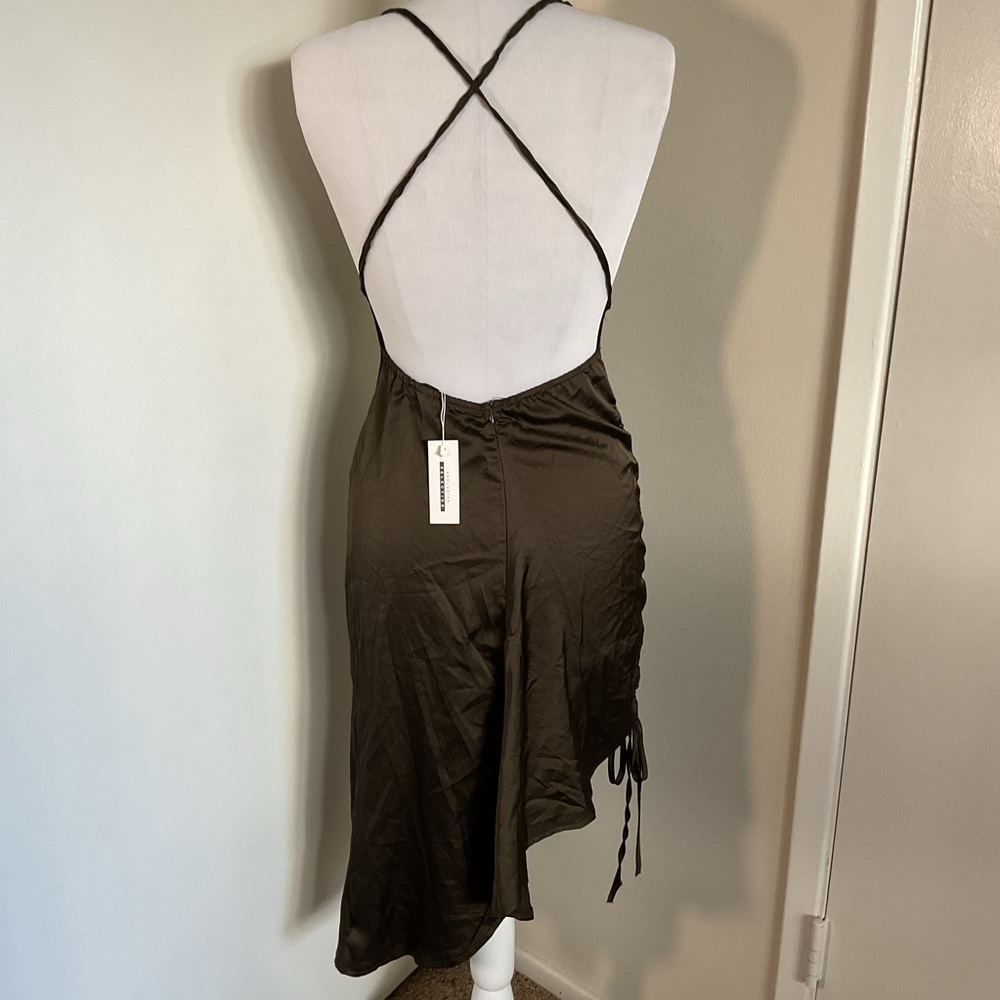 CBR Brown Satin Halter Backless Dress Side Tie Asymmetrical Medium - Picture 5 of 7